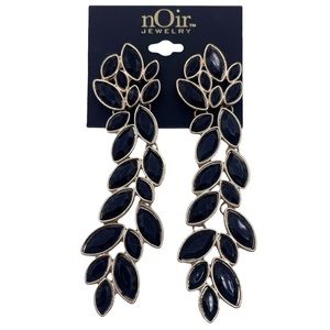 nOir long dangle stone leaf black gold earrings- New statement jewelry